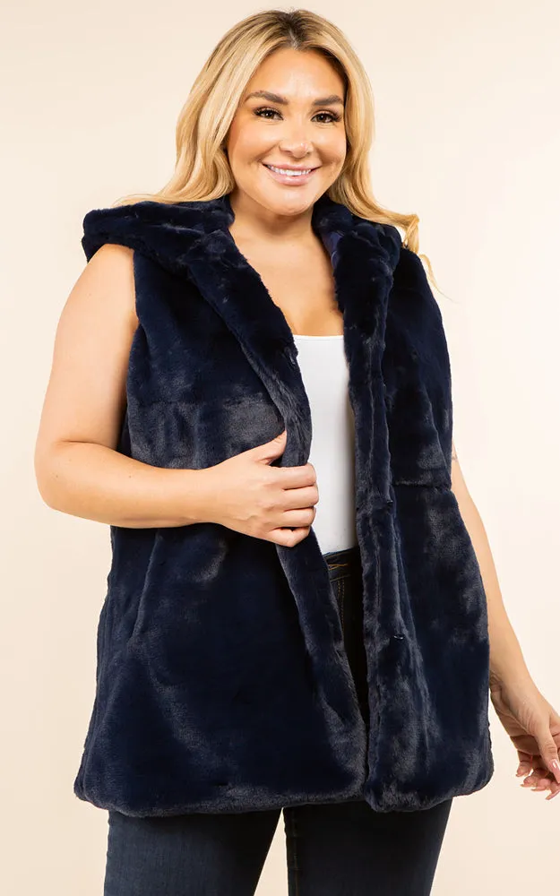 VP8482P Plus Size Faux Fur Solid Pocket Vest With Hood