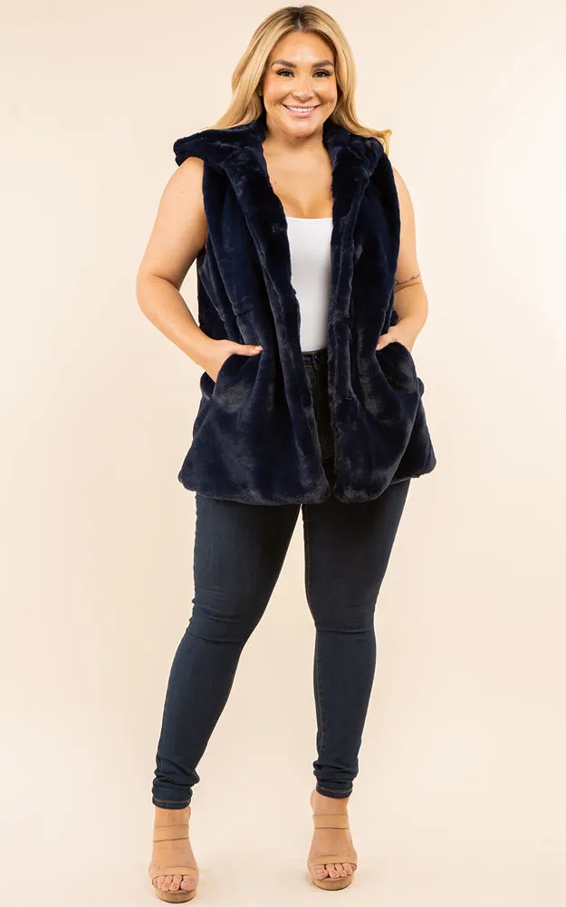 VP8482P Plus Size Faux Fur Solid Pocket Vest With Hood