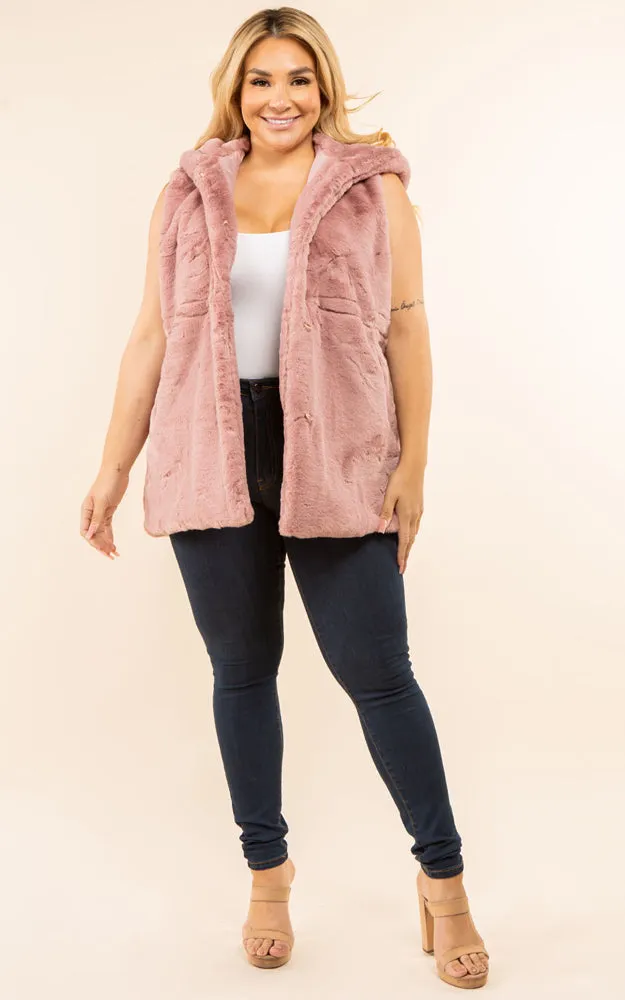 VP8482P Plus Size Faux Fur Solid Pocket Vest With Hood