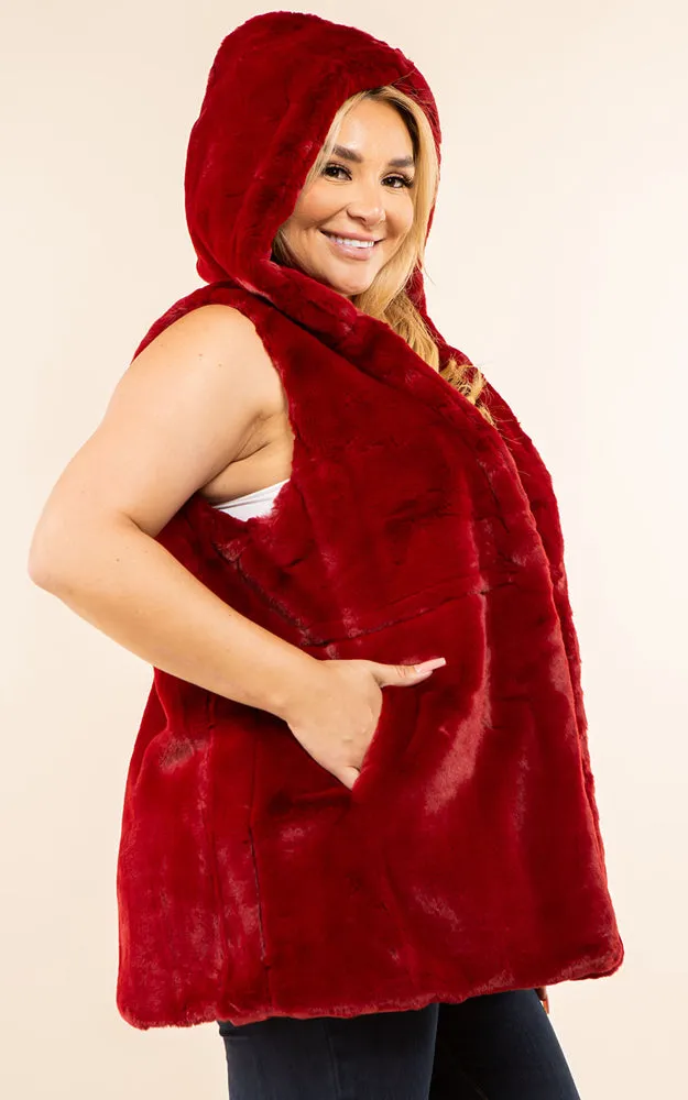 VP8482P Plus Size Faux Fur Solid Pocket Vest With Hood