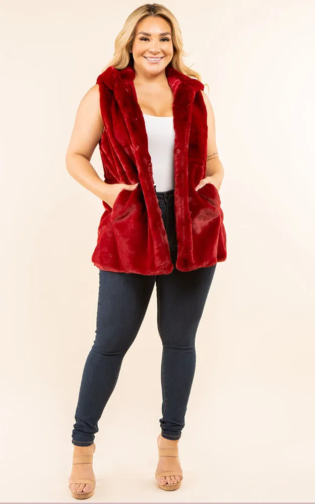 VP8482P Plus Size Faux Fur Solid Pocket Vest With Hood