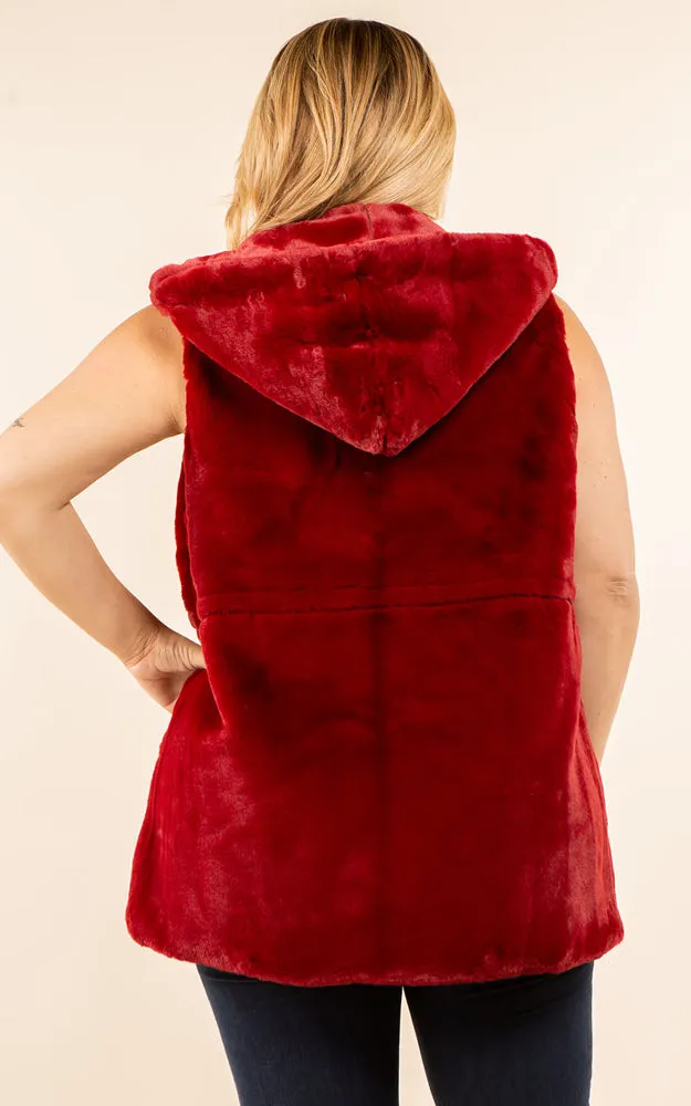 VP8482P Plus Size Faux Fur Solid Pocket Vest With Hood