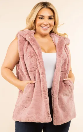 VP8482P Plus Size Faux Fur Solid Pocket Vest With Hood