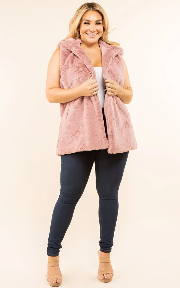 VP8482P Plus Size Faux Fur Solid Pocket Vest With Hood