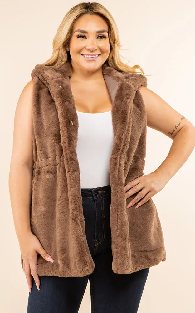 VP8482P Plus Size Faux Fur Solid Pocket Vest With Hood