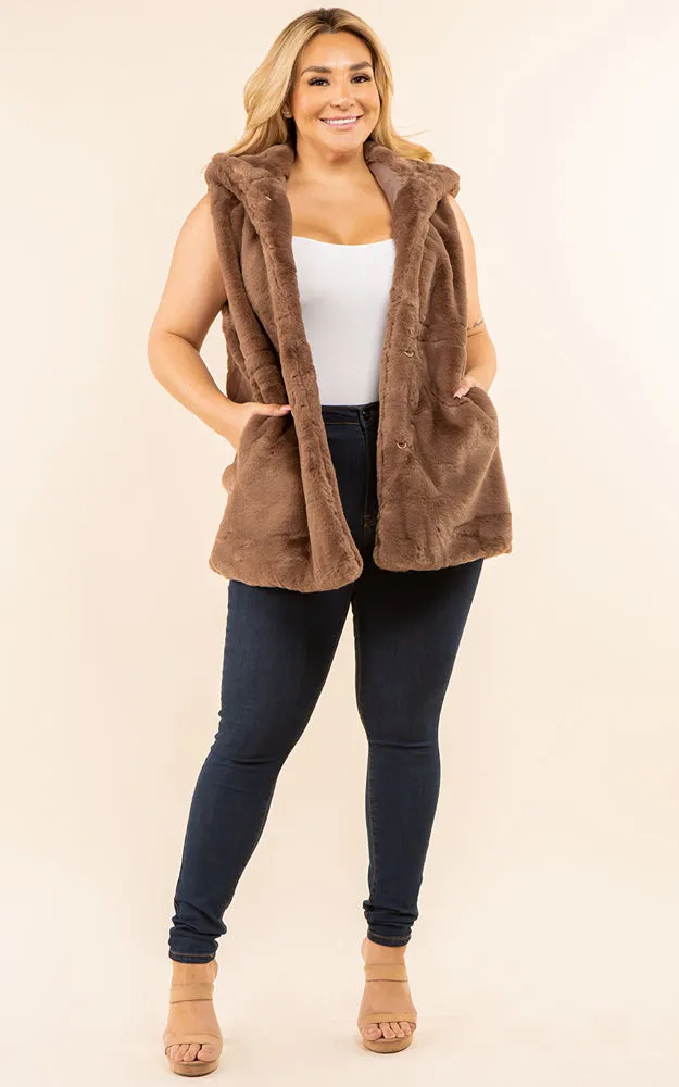 VP8482P Plus Size Faux Fur Solid Pocket Vest With Hood