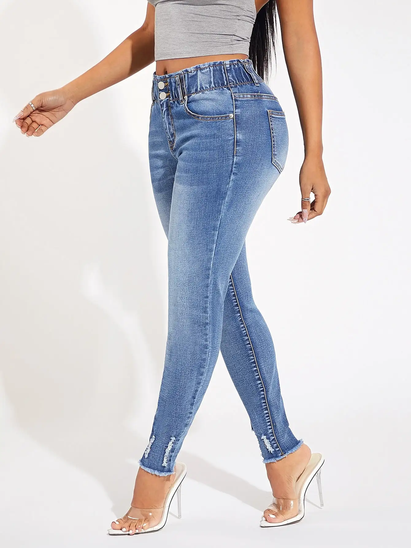 Waist Ripped Raw Hem Skinny Jeans