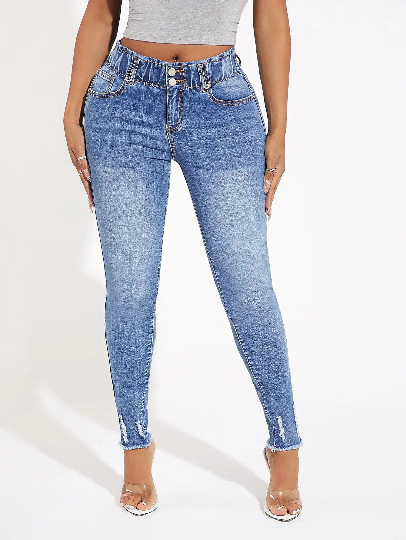 Waist Ripped Raw Hem Skinny Jeans