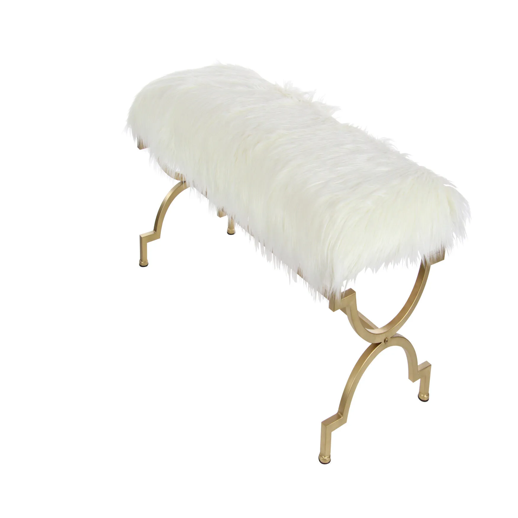 White Fur and Metal Contemporary Bench, 20x42x17