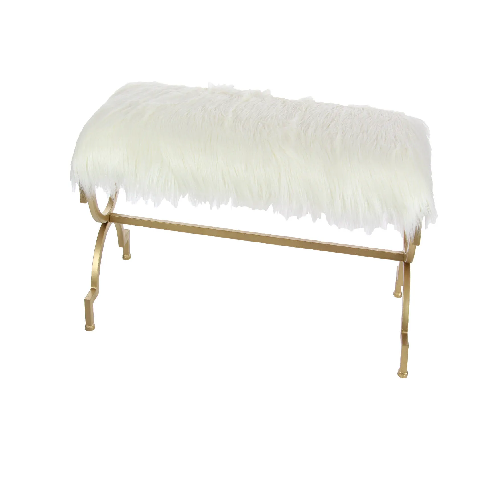 White Fur and Metal Contemporary Bench, 20x42x17