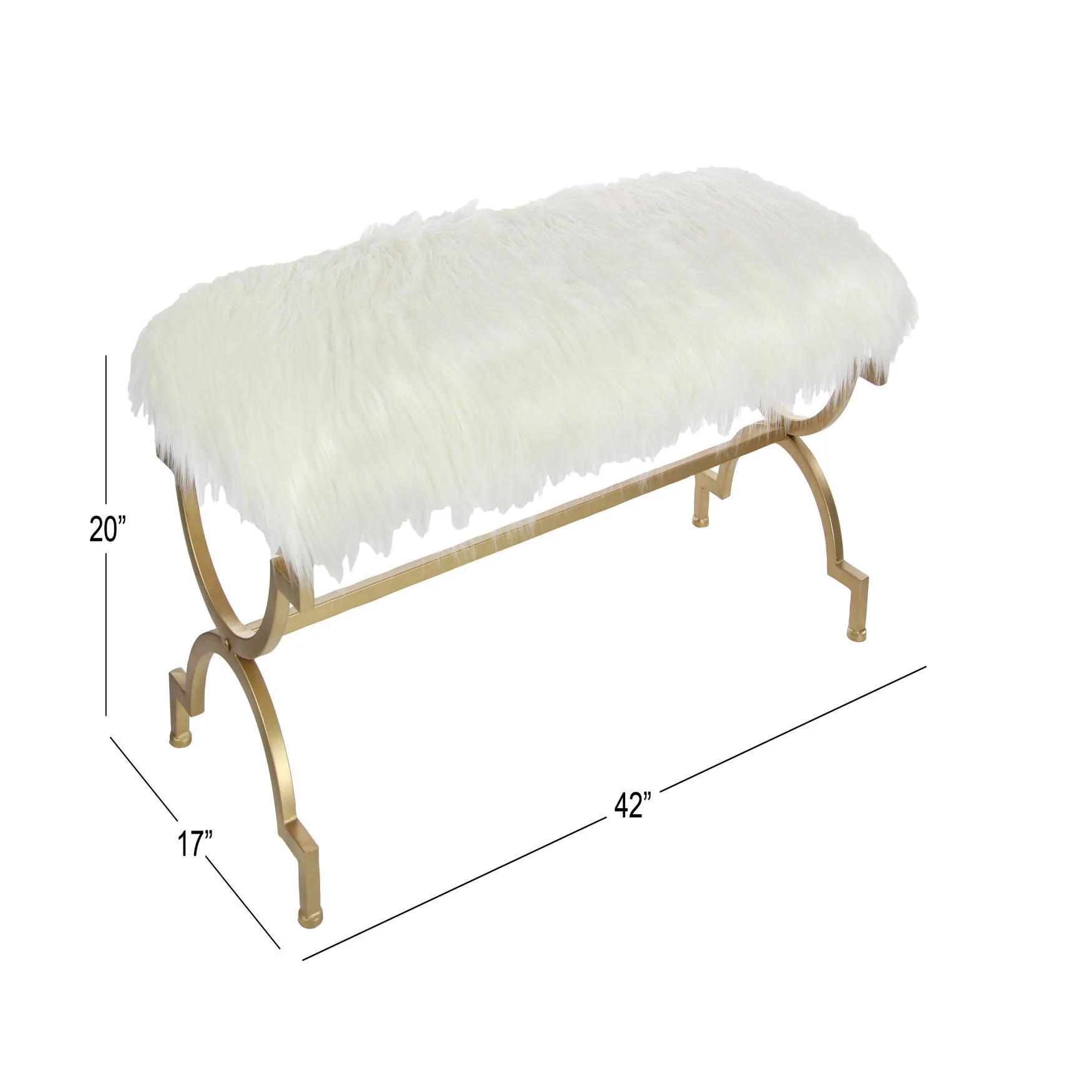 White Fur and Metal Contemporary Bench, 20x42x17