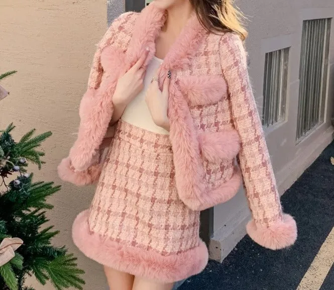 Winter Pink Houndstooth Top Jacket Skirt Two Piece Set