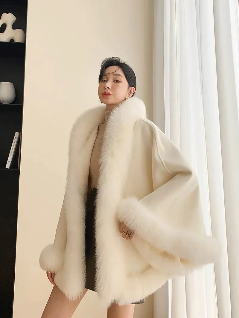 WJJ mid-length fox fur shawl cloak wool double-sided fur coat with hood to keep warm in winter, thick and loose