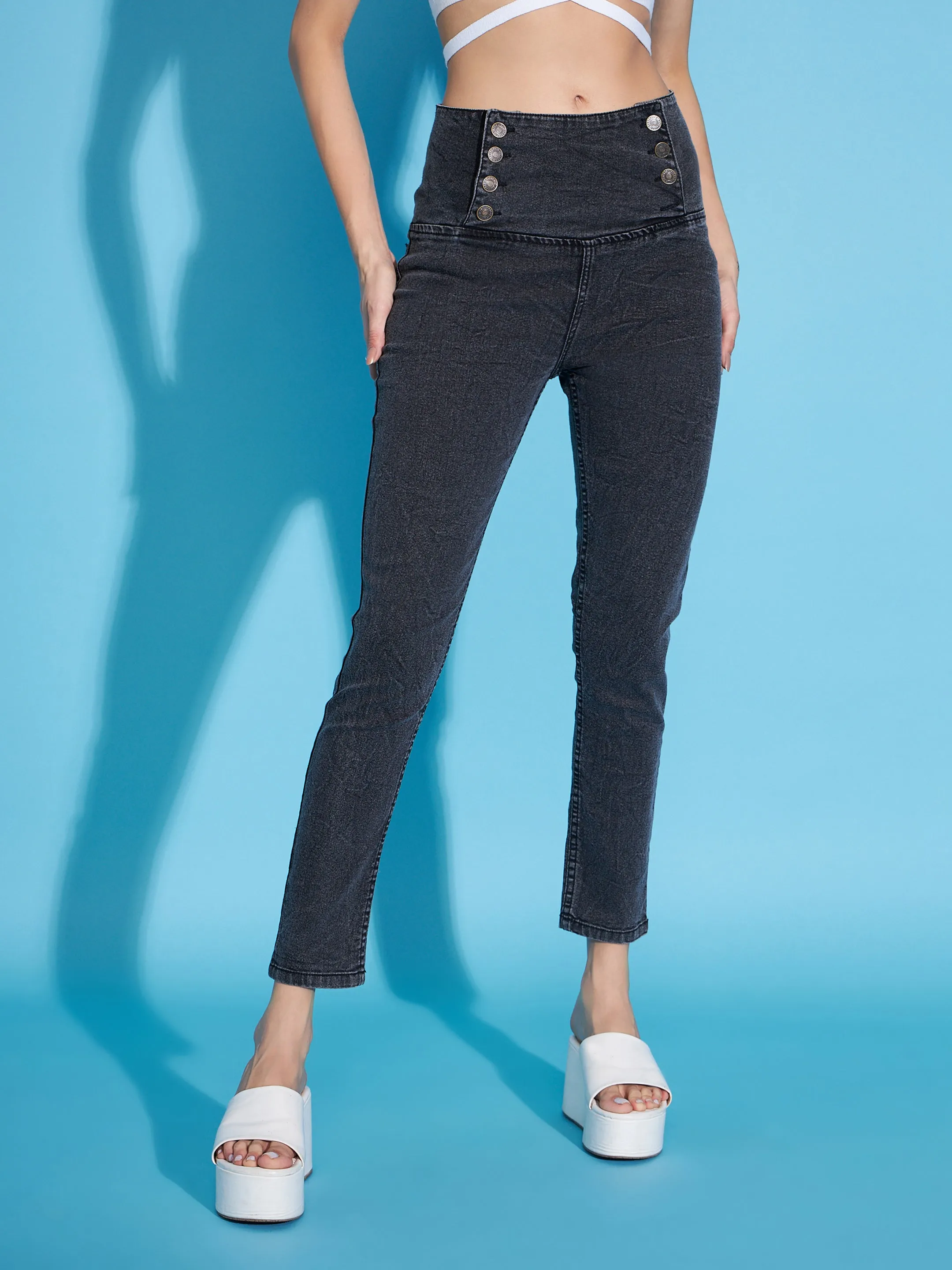 Women Black Washed Side Button High Waist Jeans