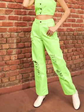 Women Fluorescent Green Heavy Distress Straight Jeans