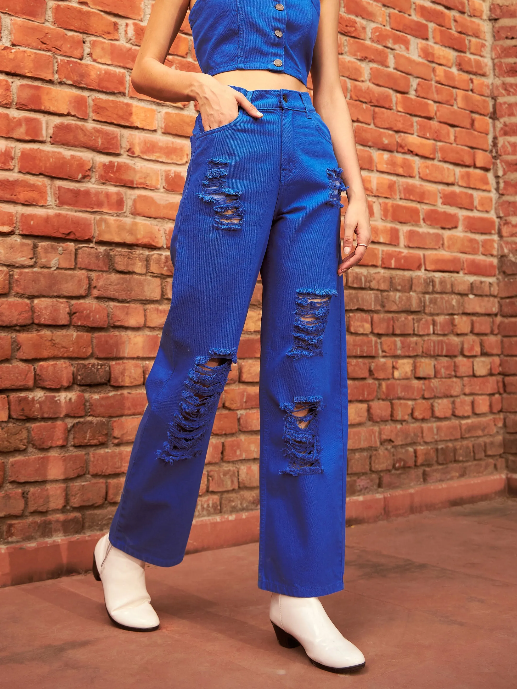 Women Royal Blue Heavy Distress Straight Jeans