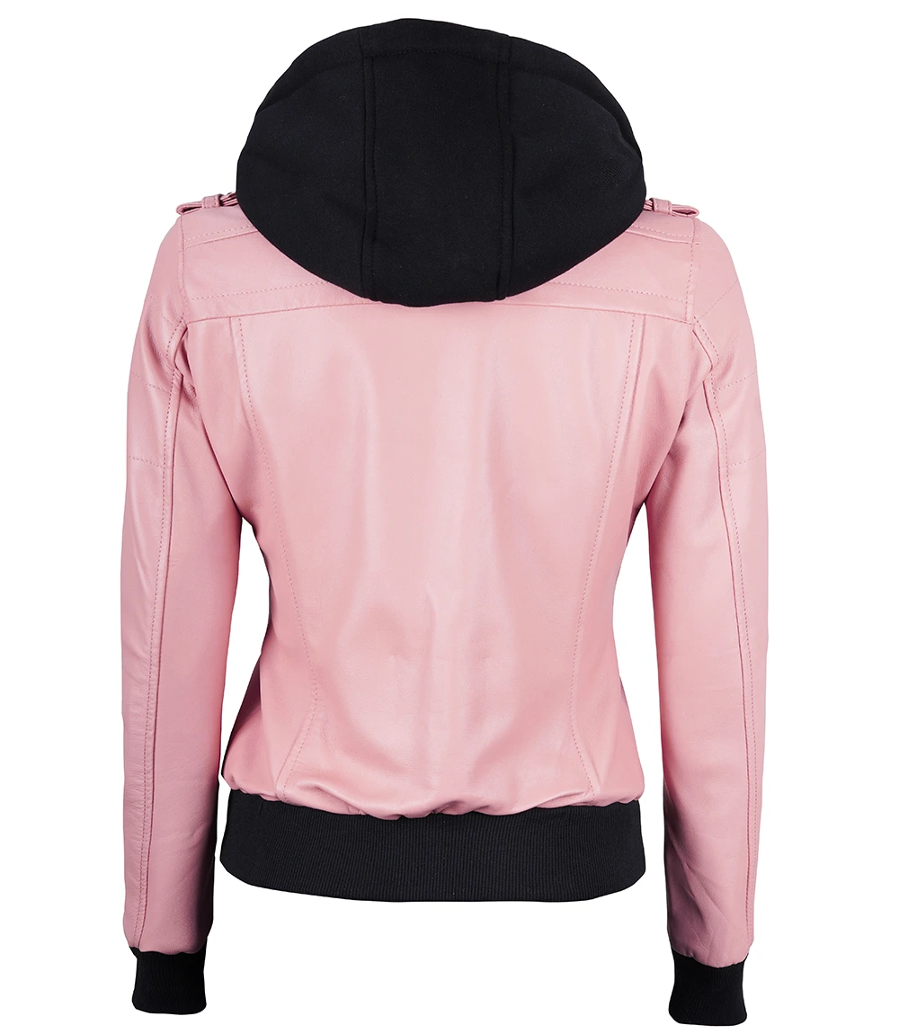 Women's Pink Leather Jacket with Removable Hood