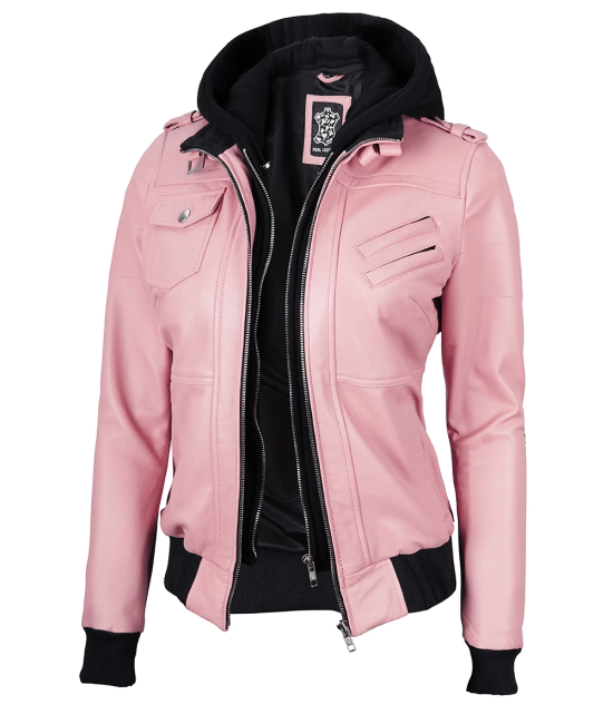 Women's Pink Leather Jacket with Removable Hood