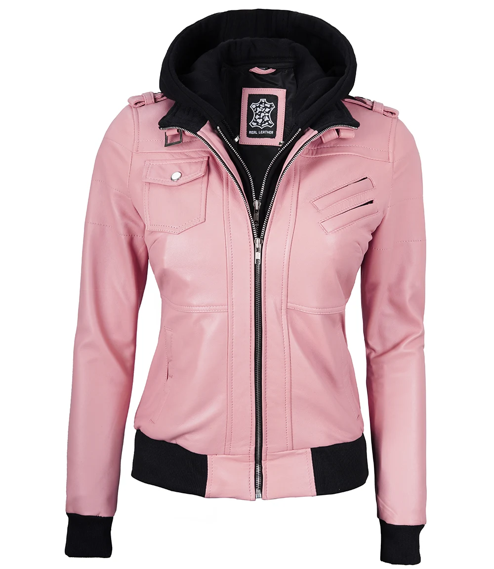 Women's Pink Leather Jacket with Removable Hood