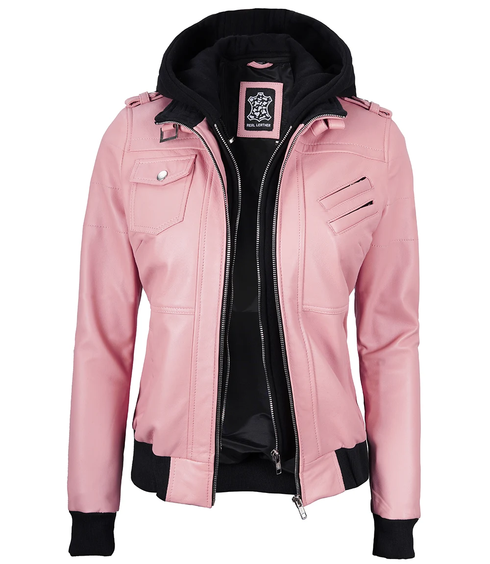 Women's Pink Leather Jacket with Removable Hood