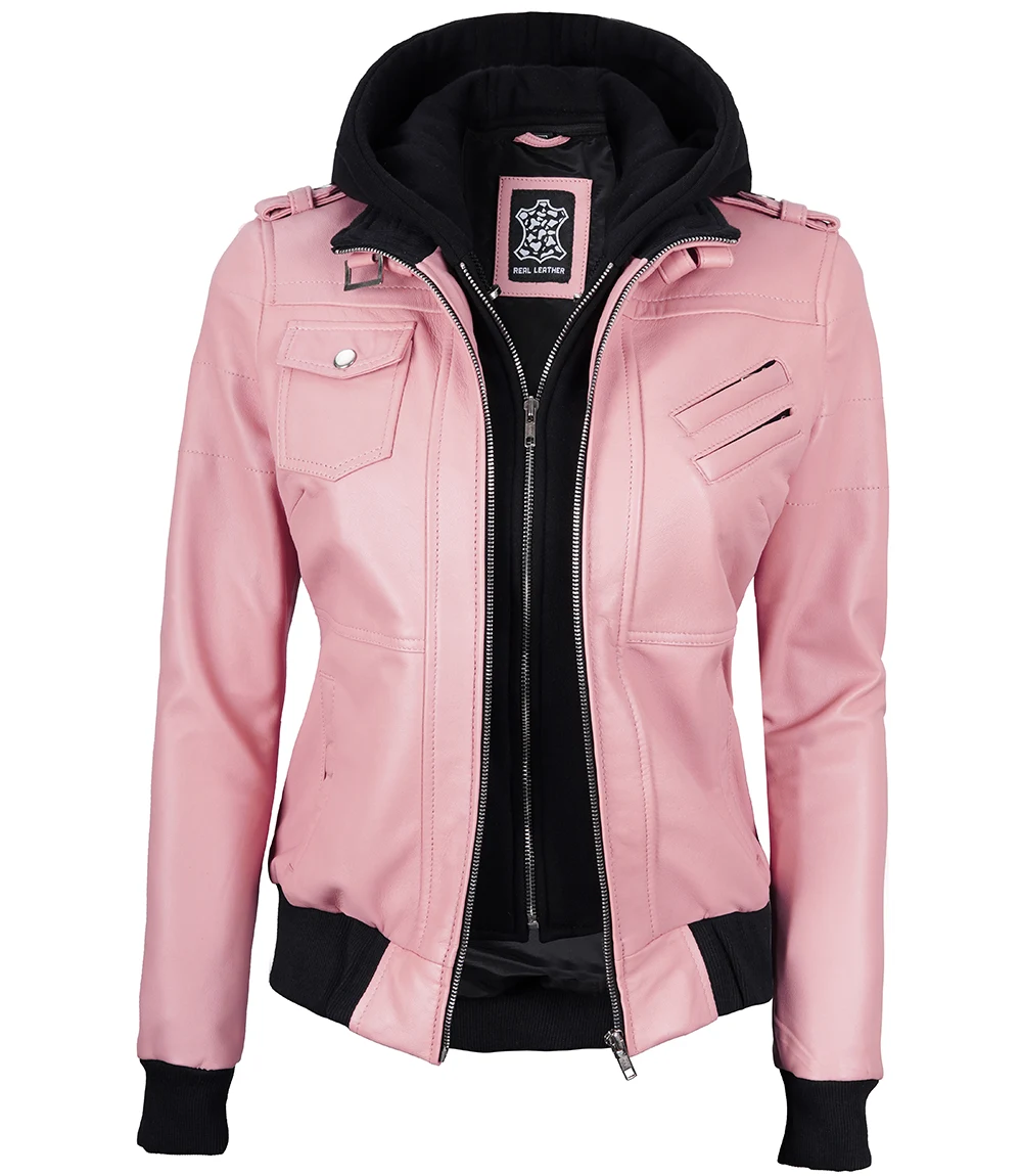 Women's Pink Leather Jacket with Removable Hood