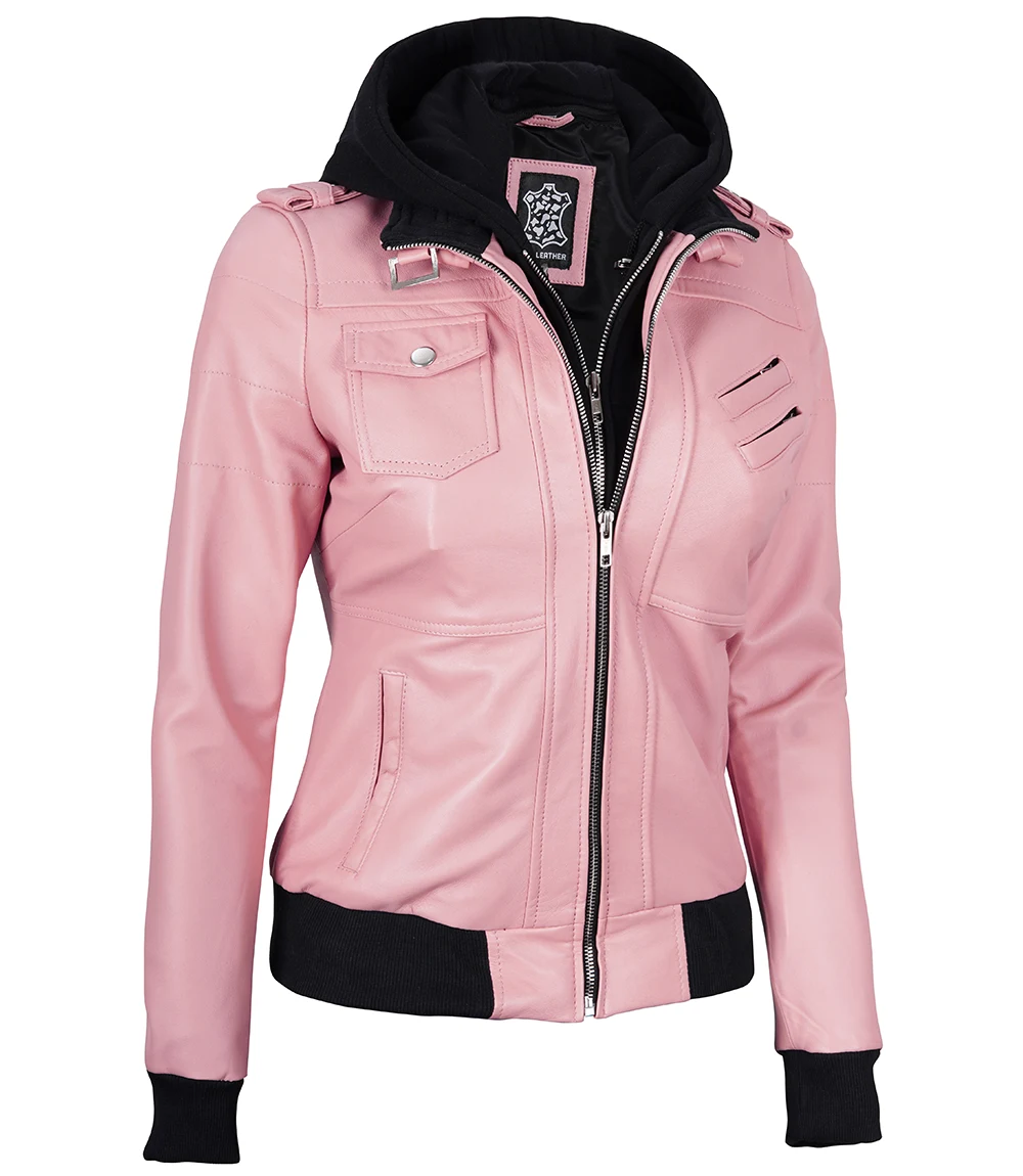 Women's Pink Leather Jacket with Removable Hood