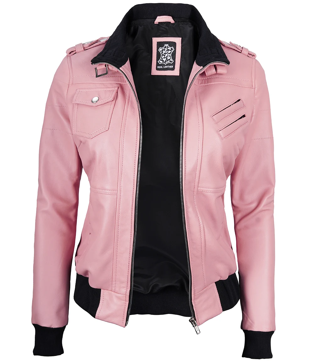 Women's Pink Leather Jacket with Removable Hood