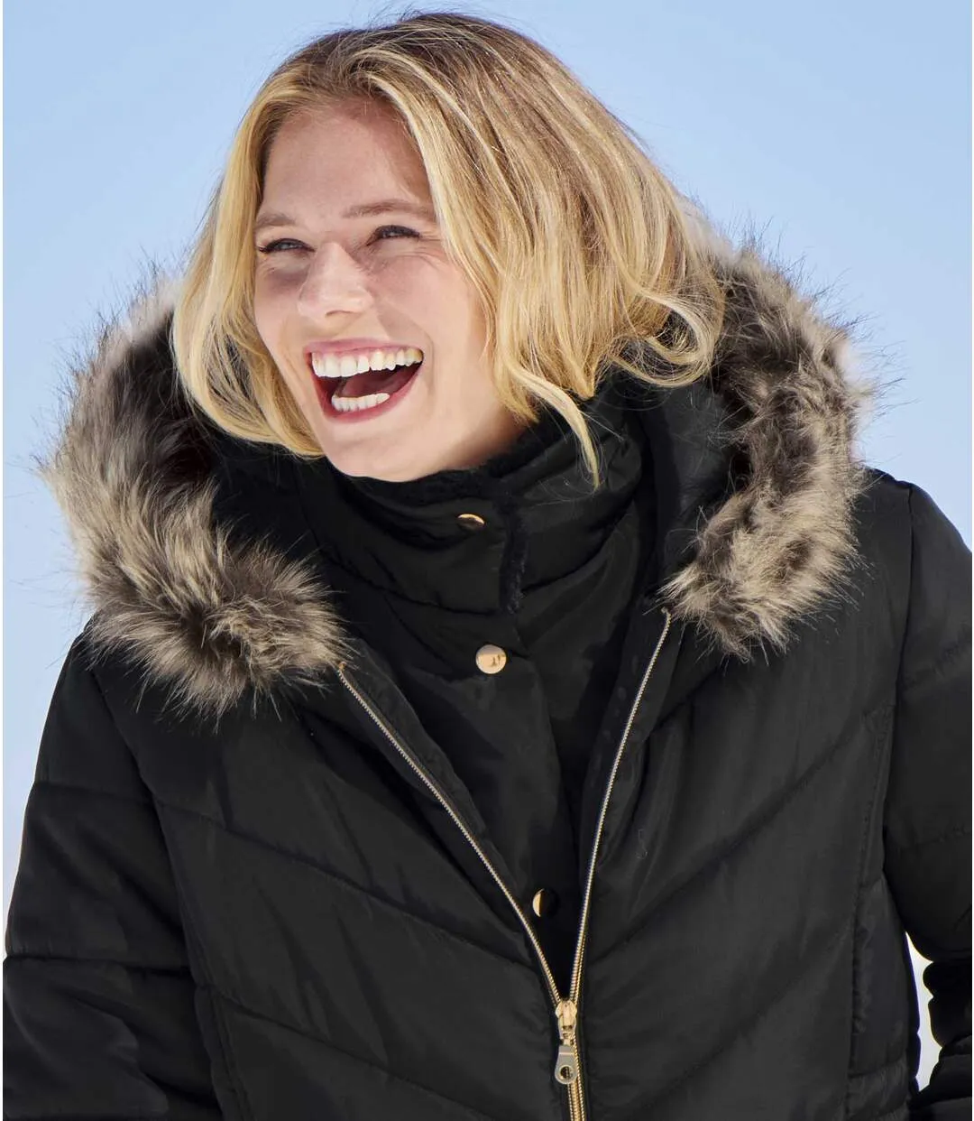 Women's Black Padded Jacket with Faux-Fur Hood - Water-Repellent  