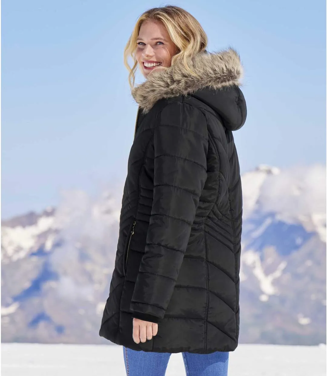 Women's Black Padded Jacket with Faux-Fur Hood - Water-Repellent  