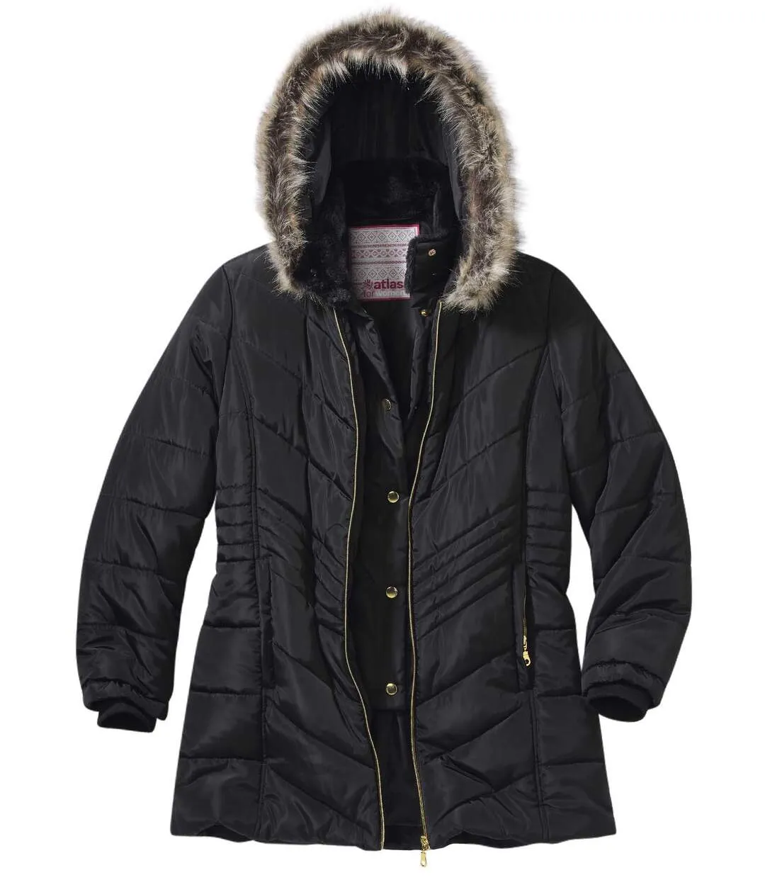 Women's Black Padded Jacket with Faux-Fur Hood - Water-Repellent  