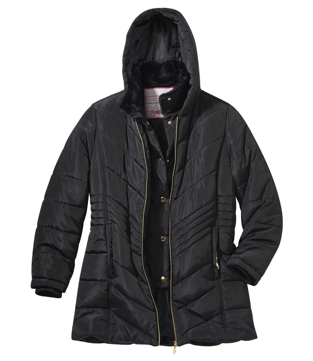 Women's Black Padded Jacket with Faux-Fur Hood - Water-Repellent  