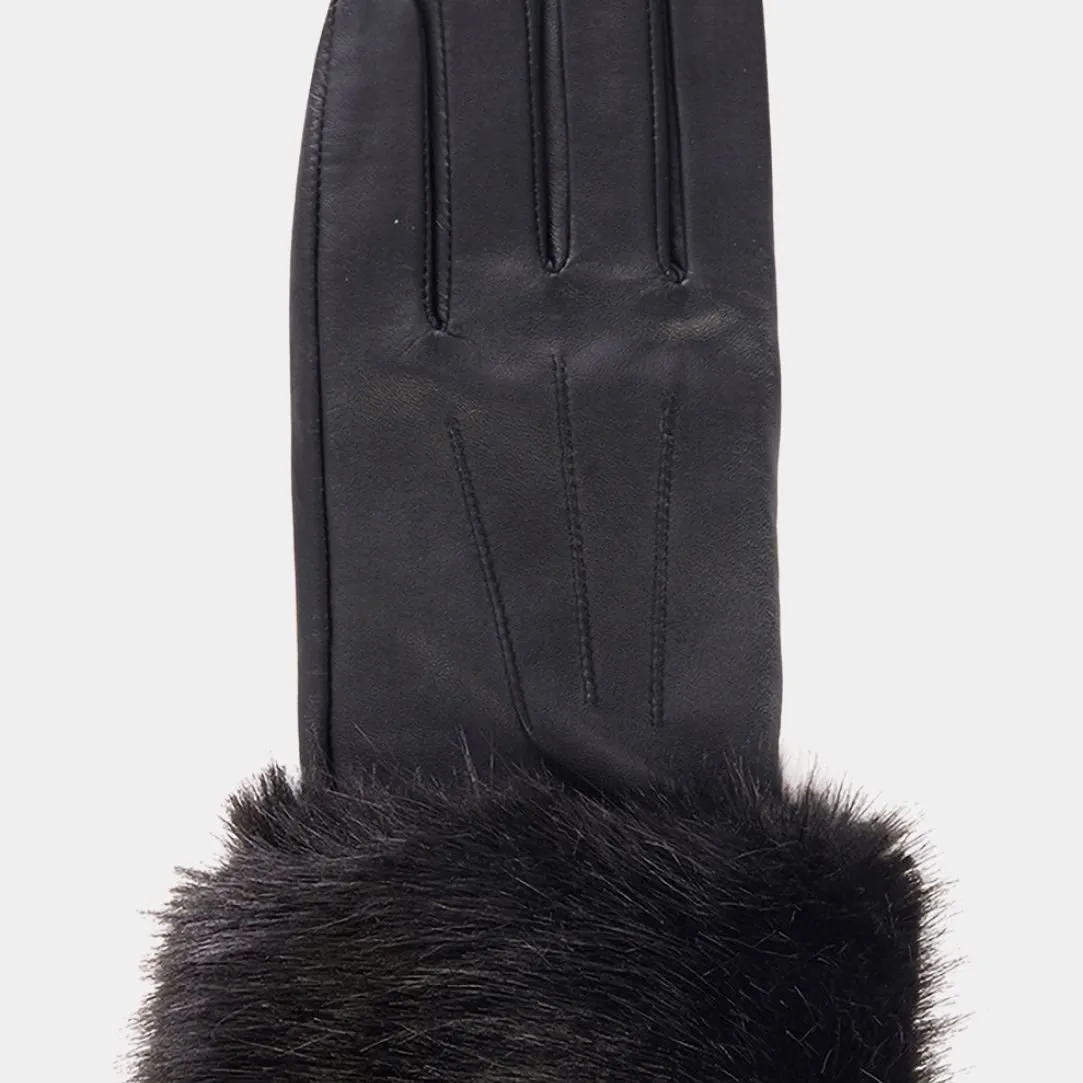 Womens Faux Fur Trimmed Leather Gloves