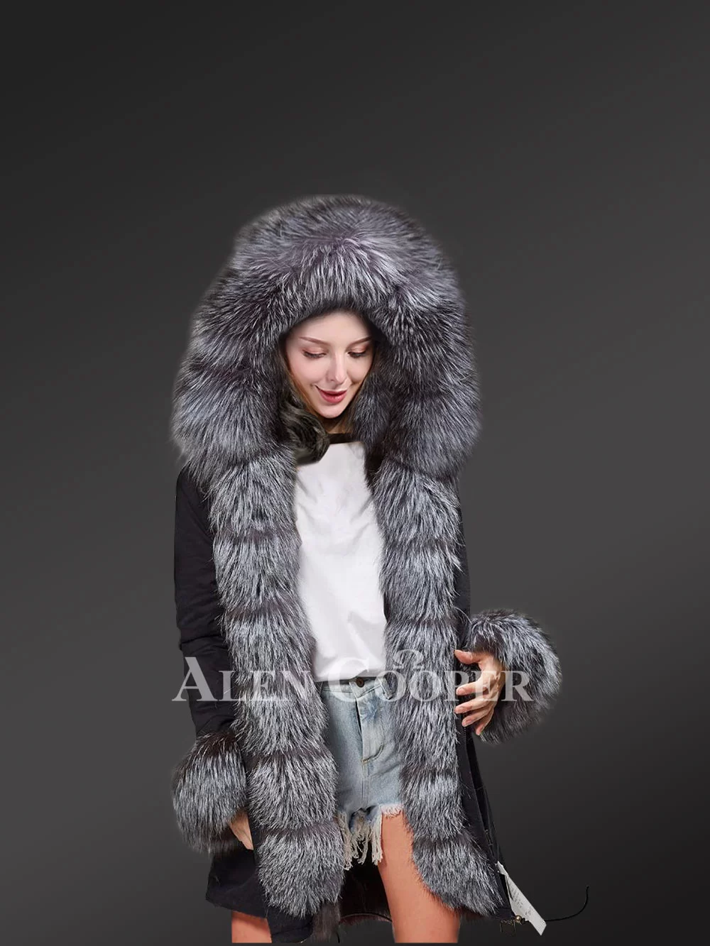 Women’s fox fur hood parka with long fur collar in black