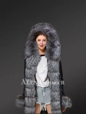 Women’s fox fur hood parka with long fur collar in black