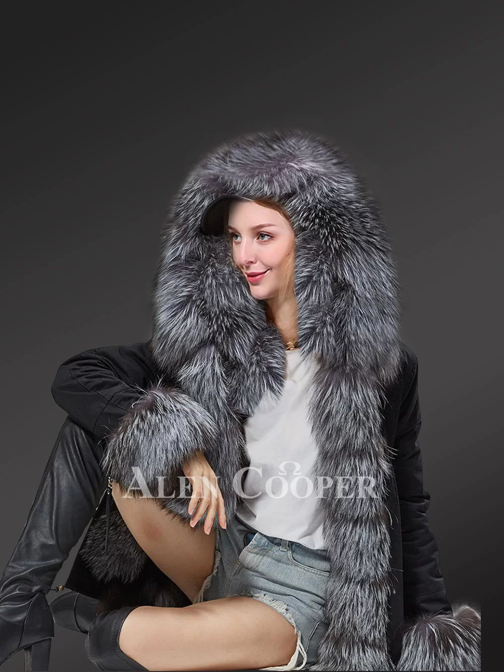 Women’s fox fur hood parka with long fur collar in black