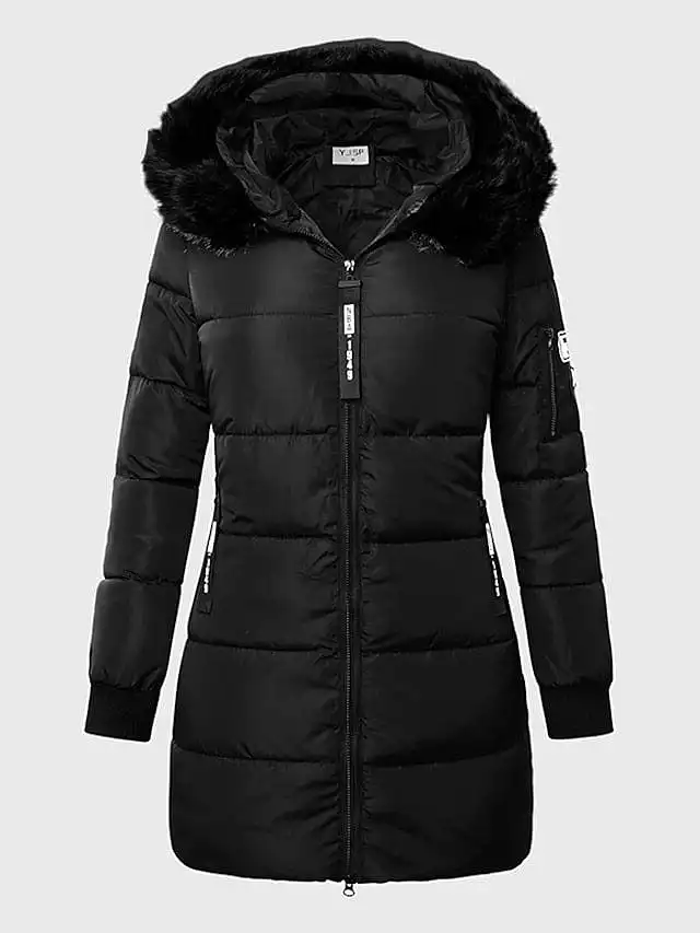 Women's Long Puffer Jacket with Fur Collar and Slim Fit