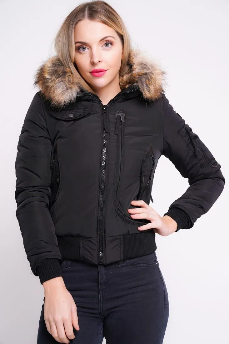 Womens Puffer Jacket with Faux Fur Hood, Black, White, Mustard, UK Sizes 8 to 16