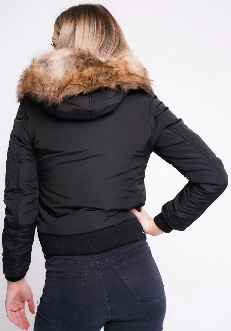 Womens Puffer Jacket with Faux Fur Hood, Black, White, Mustard, UK Sizes 8 to 16