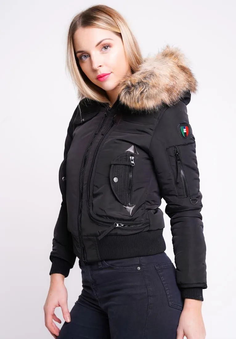 Womens Puffer Jacket with Faux Fur Hood, Black, White, Mustard, UK Sizes 8 to 16