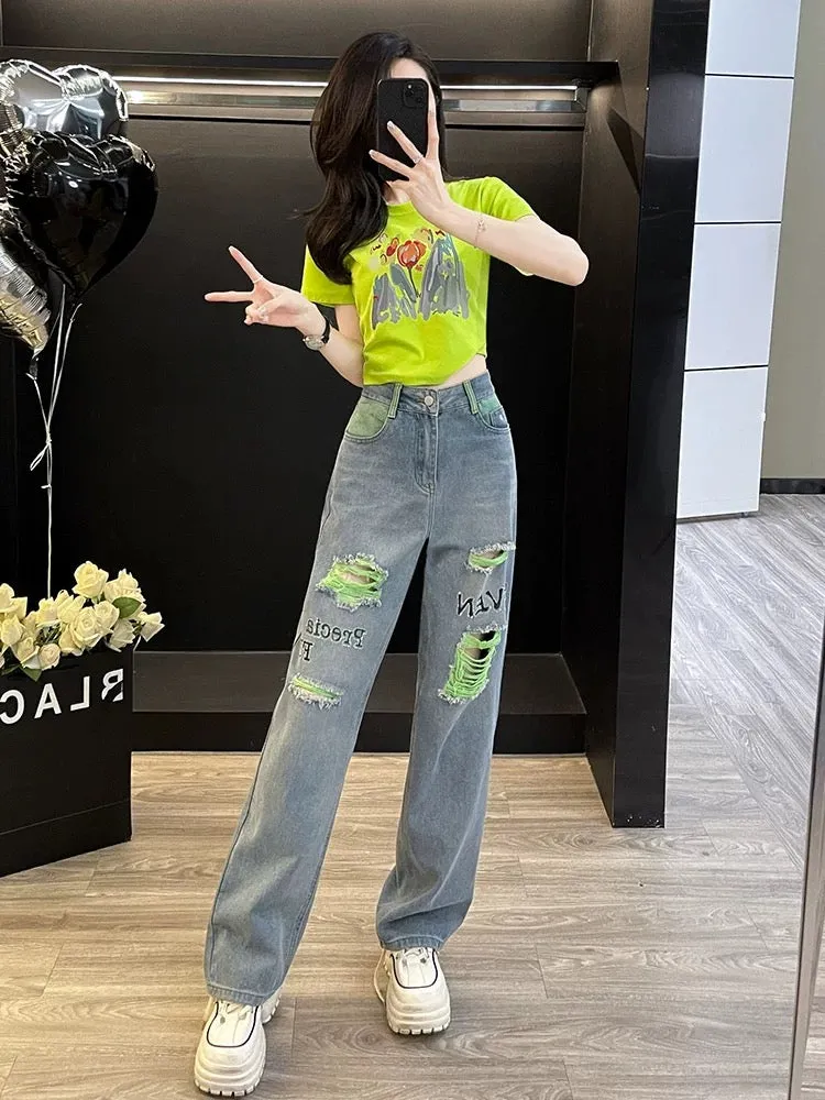 Youthful and energetic fashion suit for women summer new dopamine high short-sleeved T-shirt wide-leg jeans two-piece set