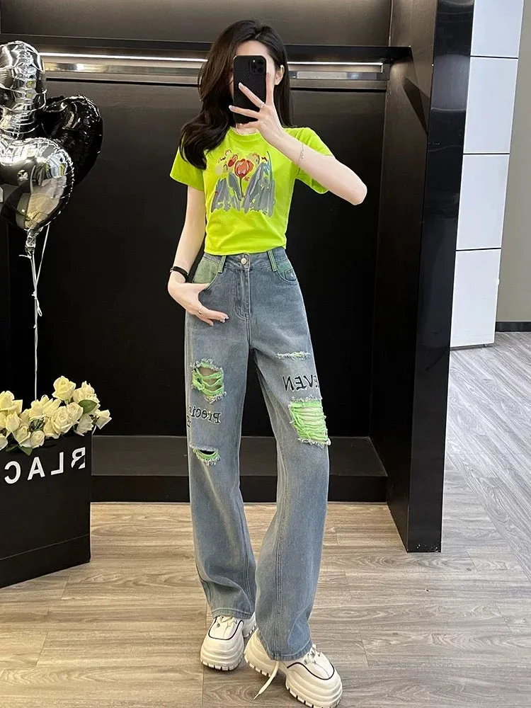 Youthful and energetic fashion suit for women summer new dopamine high short-sleeved T-shirt wide-leg jeans two-piece set