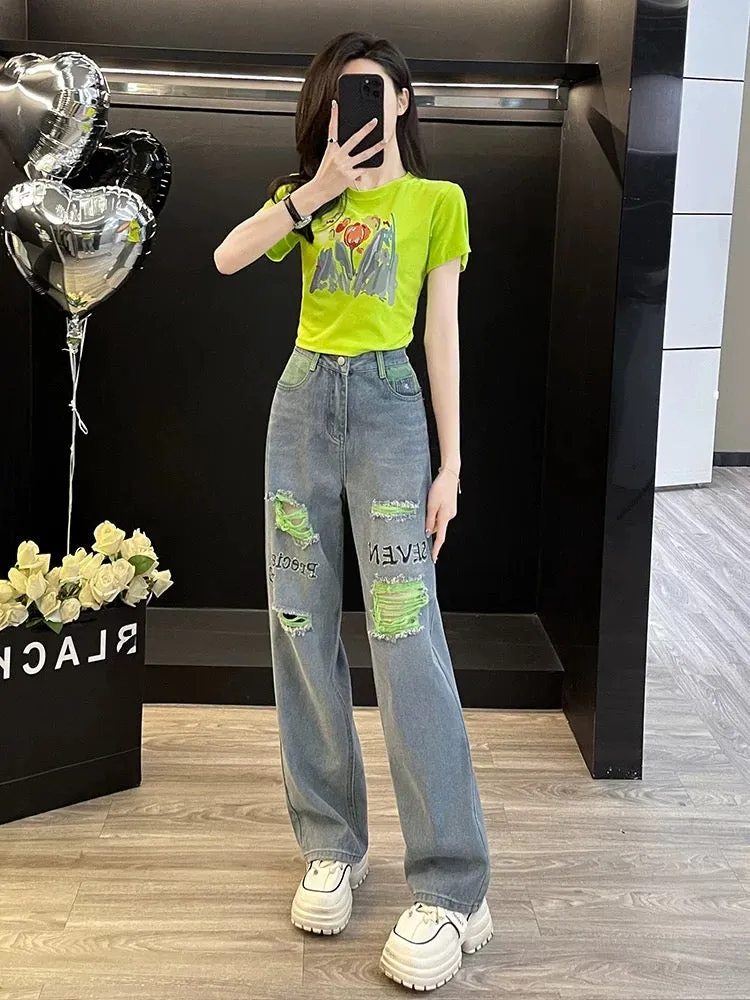 Youthful and energetic fashion suit for women summer new dopamine high short-sleeved T-shirt wide-leg jeans two-piece set