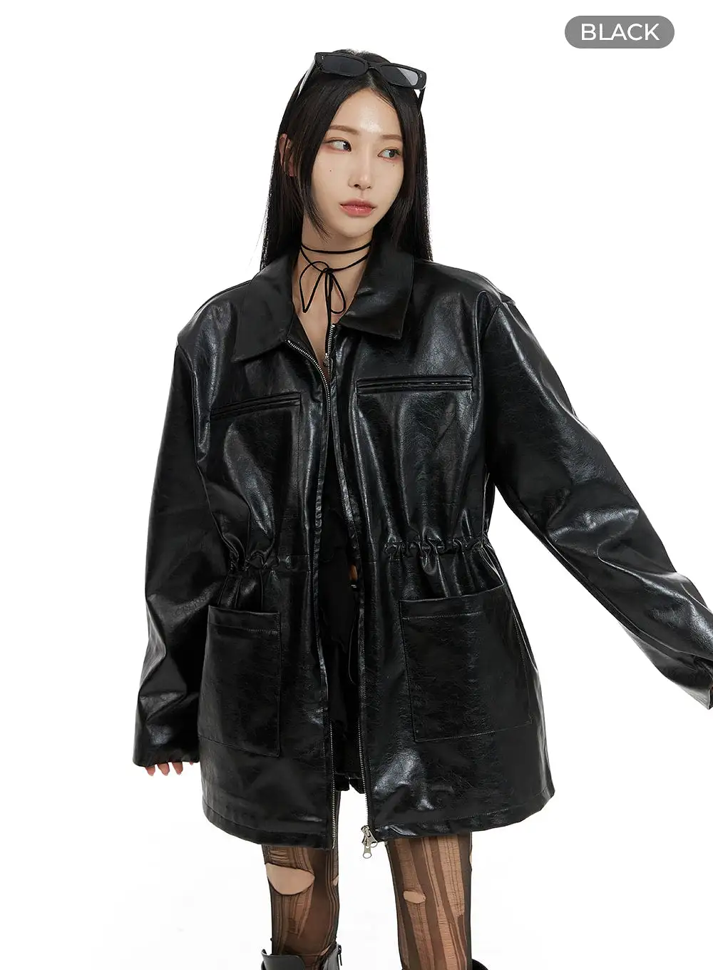 Zip-Up Faux Leather Midi Coat CF429