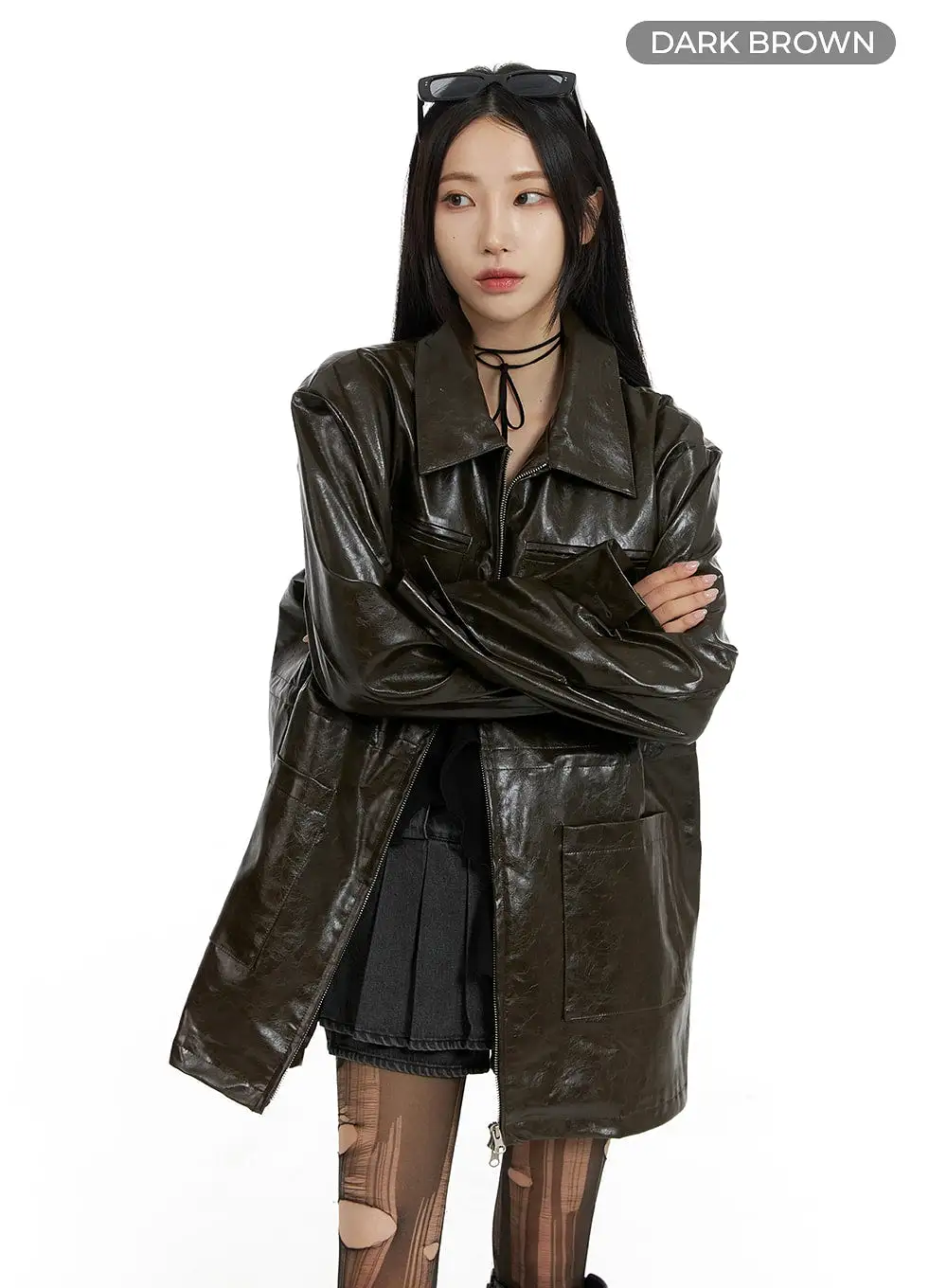 Zip-Up Faux Leather Midi Coat CF429